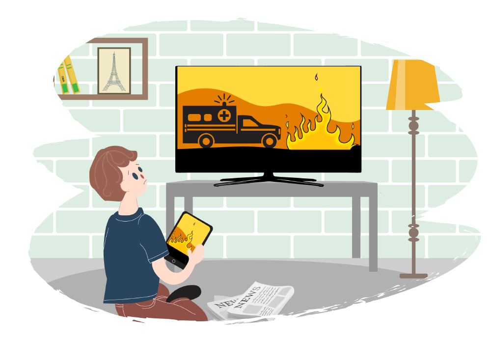 Boy watching TV and iPad with scary news on them Boy watching TV and iPad with scary news on them