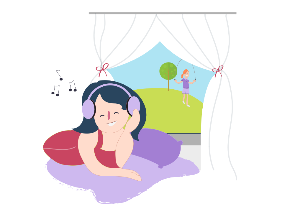 Girl listening to music inside, her friend outside skipping Girl listening to music inside, her friend outside skipping