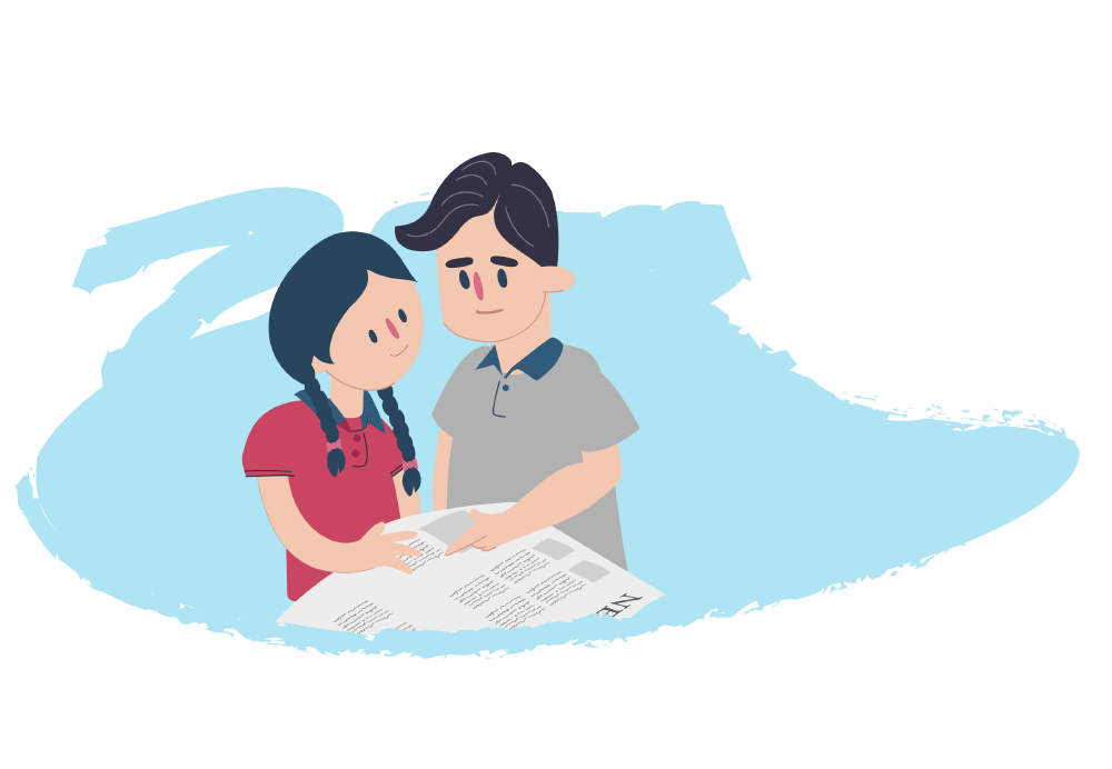 Girl looking at a newspaper with an adult Girl looking at a newspaper with an adult