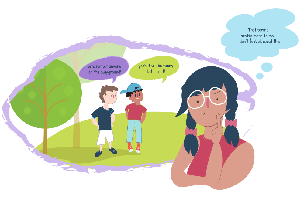 Boys talking about not letting anyone on the playground, girl thinking that it's not fair Boys talking about not letting anyone on the playground, girl thinking that it's not fair