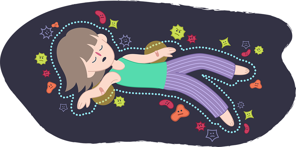 Girl sleeping and floating in the air, her body surrounded by a force field with frowning germs Girl sleeping and floating in the air, her body surrounded by a force field with frowning germs