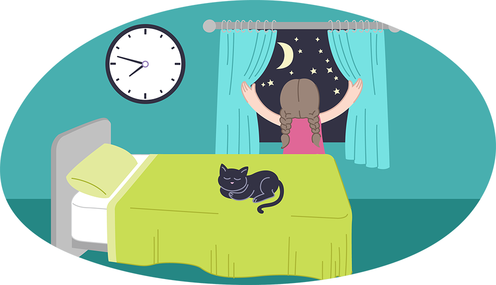Child in bedroom looking out window at the night sky Child in bedroom looking out window at the night sky