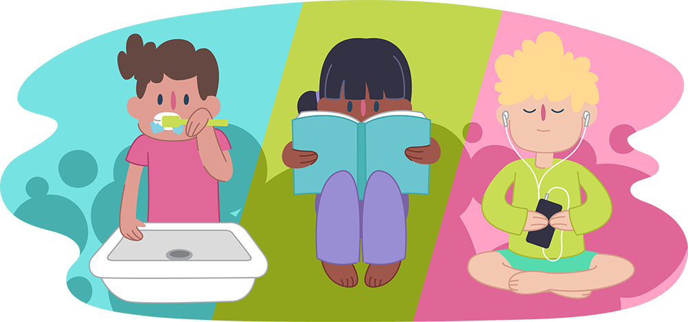 Three children - one brushing teeth, one reading a book and one listening to music on an iphone Three children - one brushing teeth, one reading a book and one listening to music on an iphone