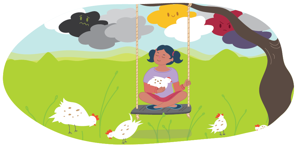 Girl sitting on swings alone with chickens Girl sitting on swings alone with chickens