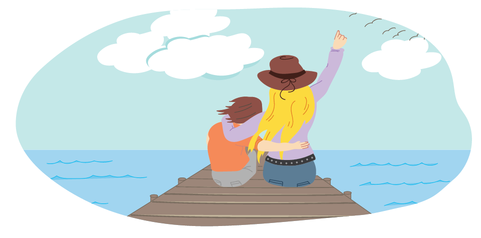 Girl and parent sitting together on pier Girl and parent sitting together on pier