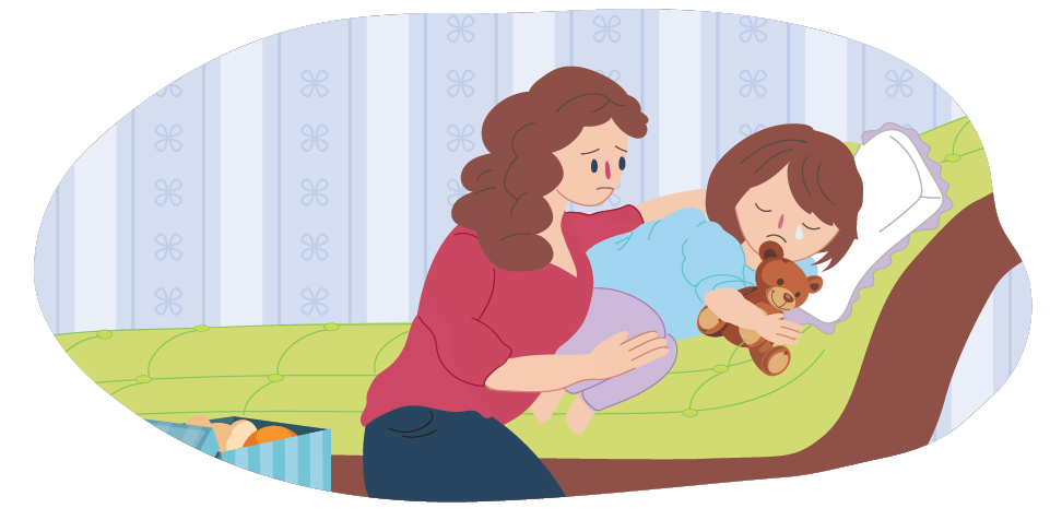 Parent comforting crying girl on bed Parent comforting crying girl on bed