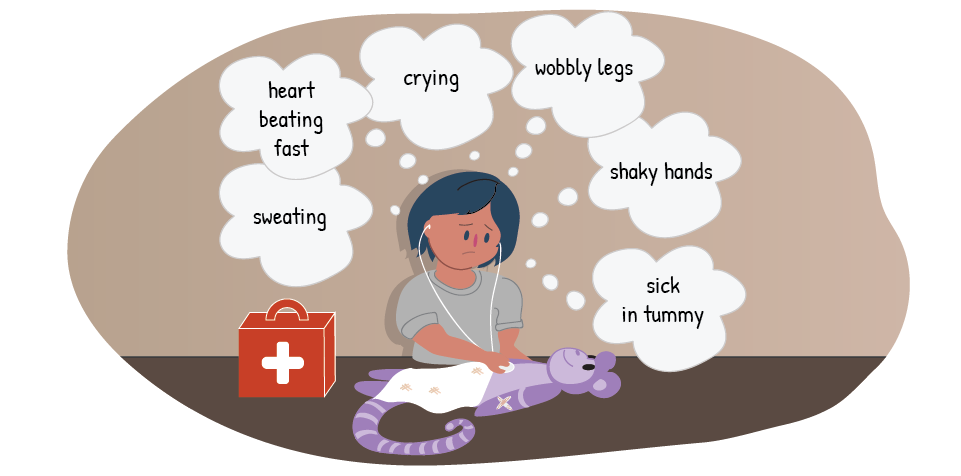 Girl playing doctor on her stuffed toy with thought bubbles Girl playing doctor on her stuffed toy with thought bubbles