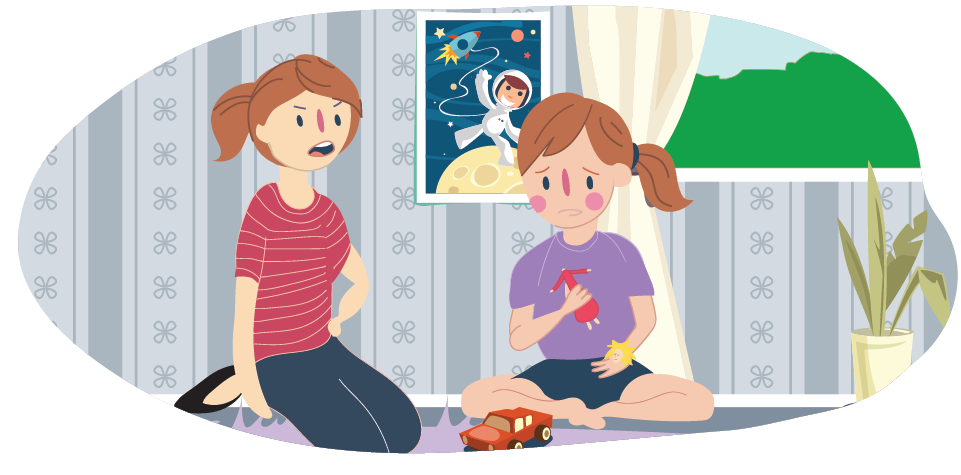 Girl holding broken toy with adult upset at her Girl holding broken toy with adult upset at her