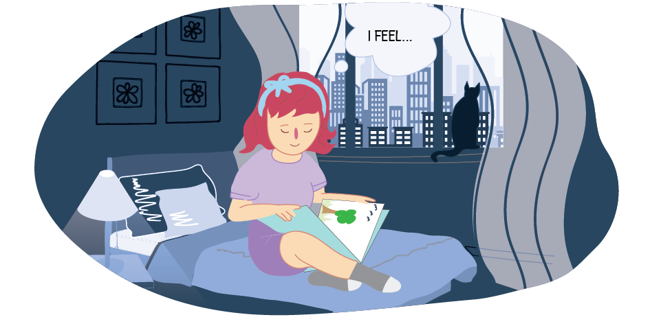 Girl reading in room with "I feel..." thought bubble Girl reading in room with "I feel..." thought bubble