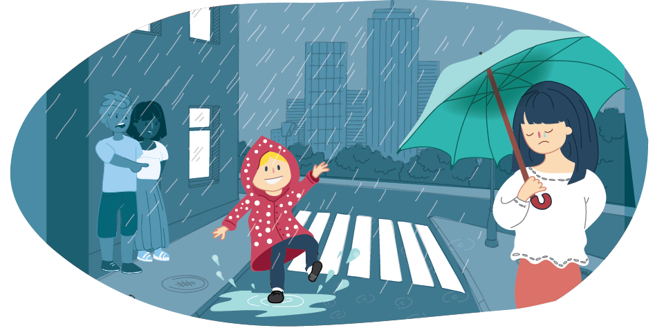 Happy girl playing in the rain with sad girl on the side Happy girl playing in the rain with sad girl on the side