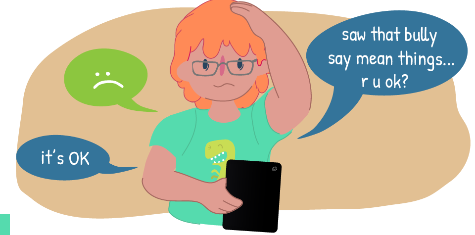 Kid with device and conversation bubbles between two kids - one is asking if the other is ok