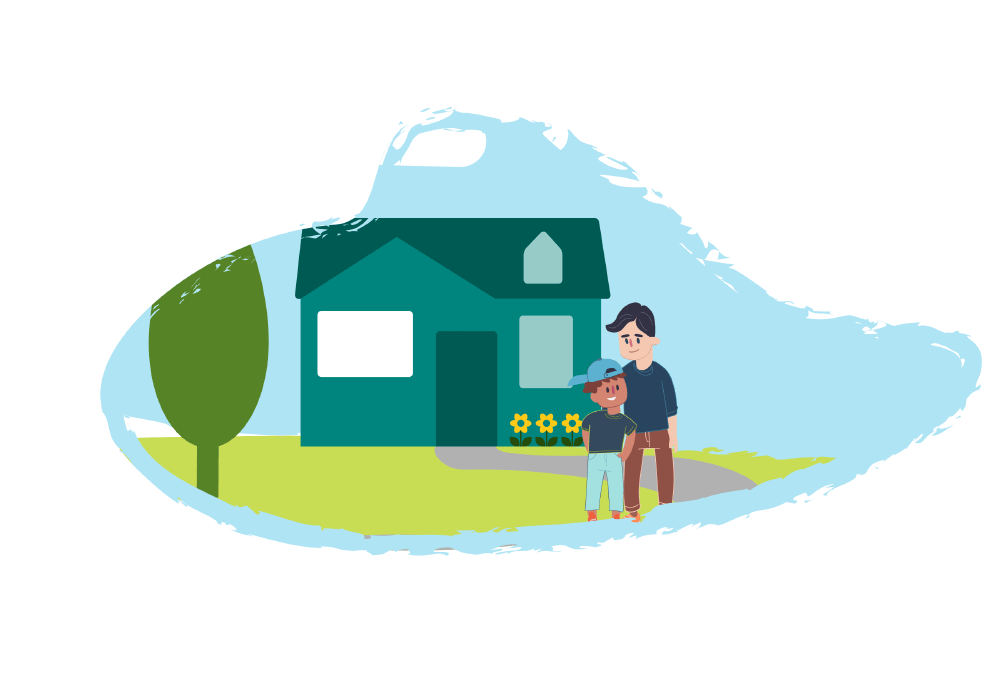 A stepfamily standing in front of their home A stepfamily standing in front of their home