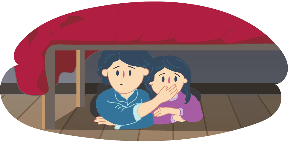 Two kids hiding under bed, one has hand over the other's mouth Two kids hiding under bed, one has hand over the other's mouth