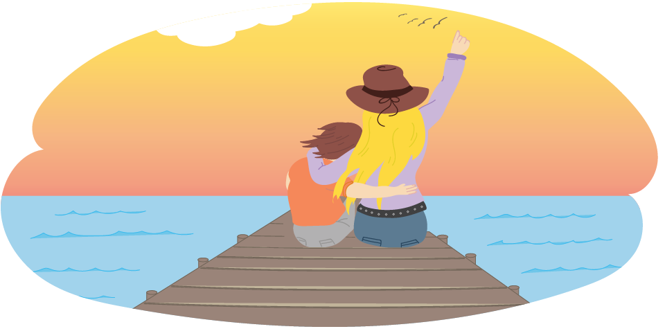 Boy and girl sit on pier and watch sunset Boy and girl sit on pier and watch sunset