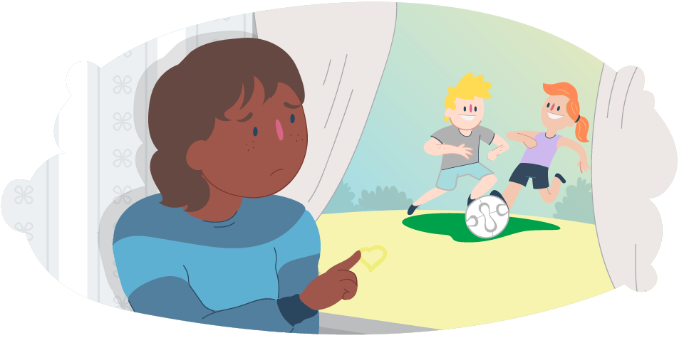 Child looking sadly out window and watching two children play with a ball Child looking sadly out window and watching two children play with a ball